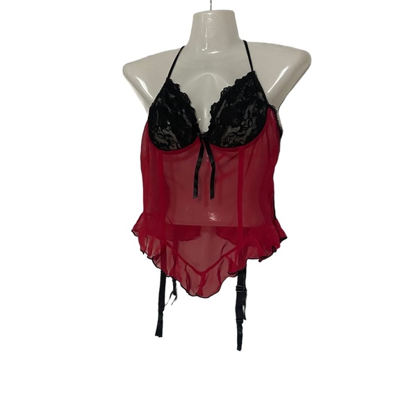 Sexy Vintage 90’s Red & Black Mesh Lace Corset Bustier Garter Straps Lingerie - Picture 14 of 14
